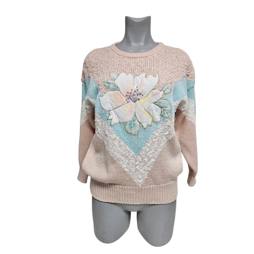 80s Jaclyn Smith big flower beaded and appliqued knitted sweater . Large